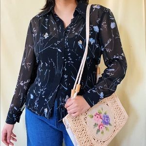 SOLD Vintage Black Sheer Floral Button Up Top Blouse